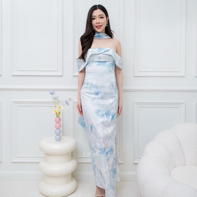 เดรสยาว ชุดราตรี Dress ออกงาน ชุดเดรส N297 ผ้าเครปซาตินพิมลาย เกาะอกอ้อมแขน ซับใน ซิปหลัง ผู้หญิง