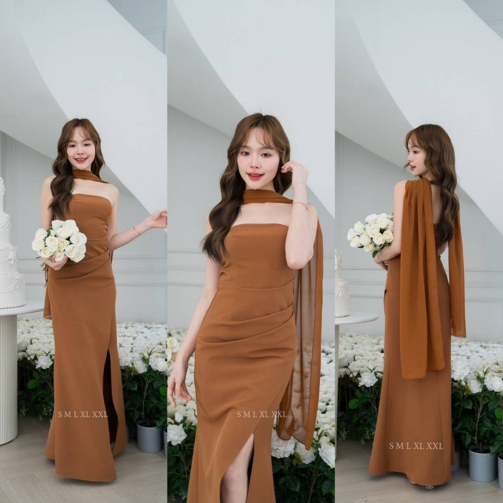 เดรสยาว ชุดราตรี Dress ออกงาน ชุดเดรส N302 เดรส ผ้าพันคอชีฟอง พร้อมส่ง S M L XL 2XL งานแต่งงาน Woman