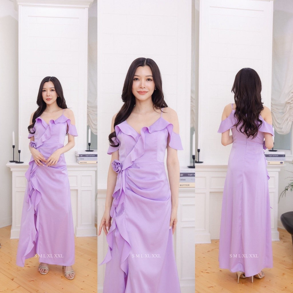 เดรสยาว ชุดเดรส ชุดราตรียาว ชุดออกงาน NP059 สายเดี่ยว เปิดไหล่ มีระบาย ดอกไม้ ชุดราตรี Woman Dress