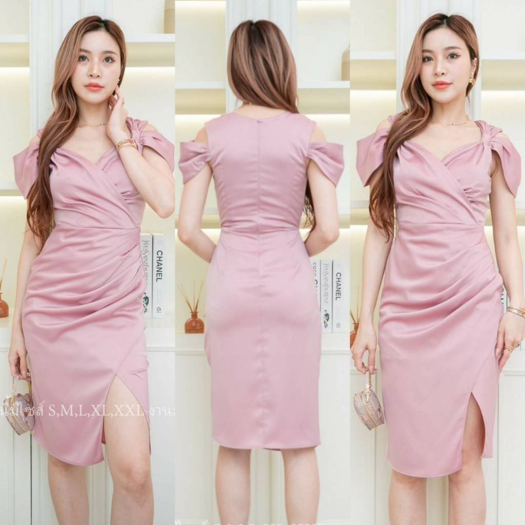 เดรสสั้น ชุดออกงาน ชุดราตรี เดรส VELINA ซาติน พรีเมี่ยม แขนผูก พรางท้อง ชุดขายดี Lady Woman Dress