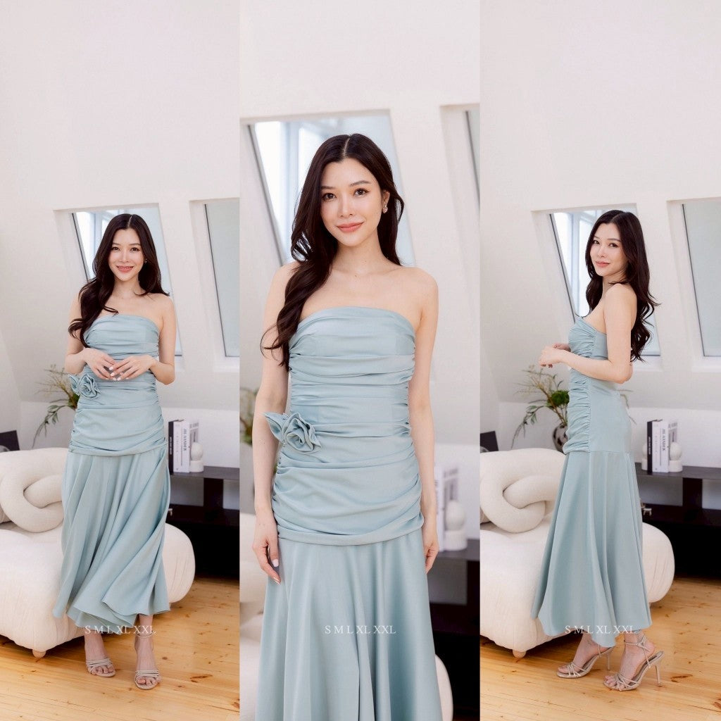 เดรสยาว ชุดออกงาน ชุดราตรียาว LUXE พรีเมี่ยม เกาะอก เปิดไหล่ กระโปรงจีบ ซับใน ซิปหลัง ผู้หญิง Dress