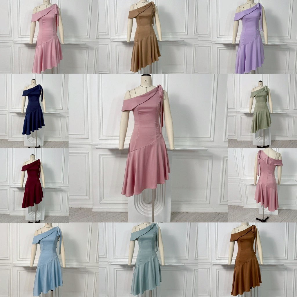 ชุดไปงานแต่ง ชุดออกงาน ชุดราตรี ชุดเดรสปาดไหล่ N307 กระโปรงเฉียง พร้อมส่ง S M L XL 2XL งานแต่งงาน