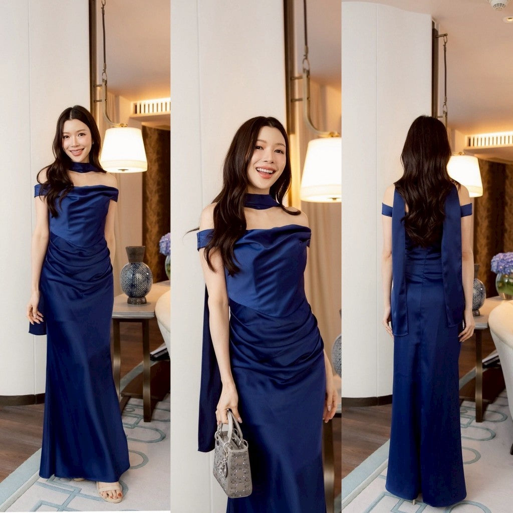 เดรสยาว ชุดราตรี ชุดออกงาน ชุดไปงานแต่ง พรีเมี่ยม NP070 เครปซาติน แถมผ้าพันคอ งานหรู พร้อมส่ง