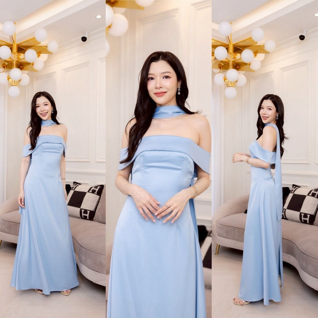 ชุดไปงานแต่ง ชุดออกงาน ชุดราตรี ชุดเดรสเปิดไหล่ N308 กระโปรงยาว พร้อมส่ง S M L XL 2XL งานแต่งงาน