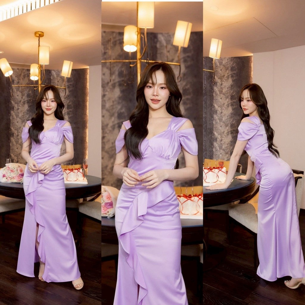 เดรสยาว ชุดออกงาน เดรสออกงาน เครปซาติน Lana เดรสสวยๆ สาย คล้องไหล่ จีบพราง ชุดราตรีเรียบหรู พร้อมส่ง