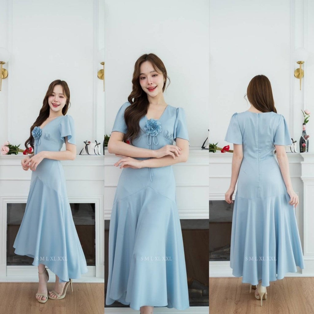 ชุดเดรส ชุดราตรี เดรส VIVA ผ้าเครปซาติน เดรสยาว แขนสั้น กระโปรงยาว ดอกไม้ Woman Dress ชุด ผู้หญิง