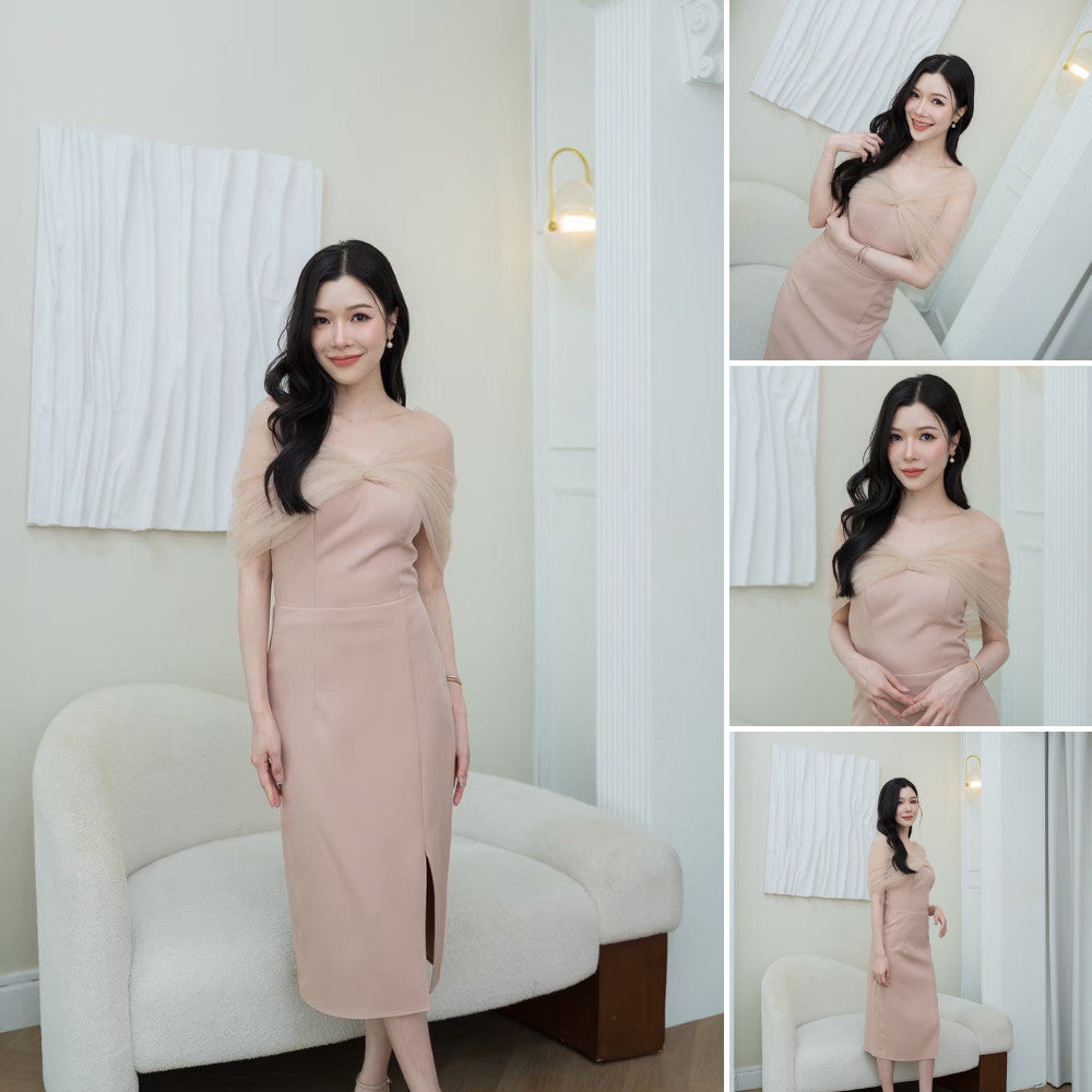 ชุดไปงานแต่ง ชุดออกงาน ชุดราตรี ชุดเดรสเปิดไหล่ ELIN กระโปรงสั้น เดรสสั้น พร้อมส่ง ไซส์ S M L XL 2XL