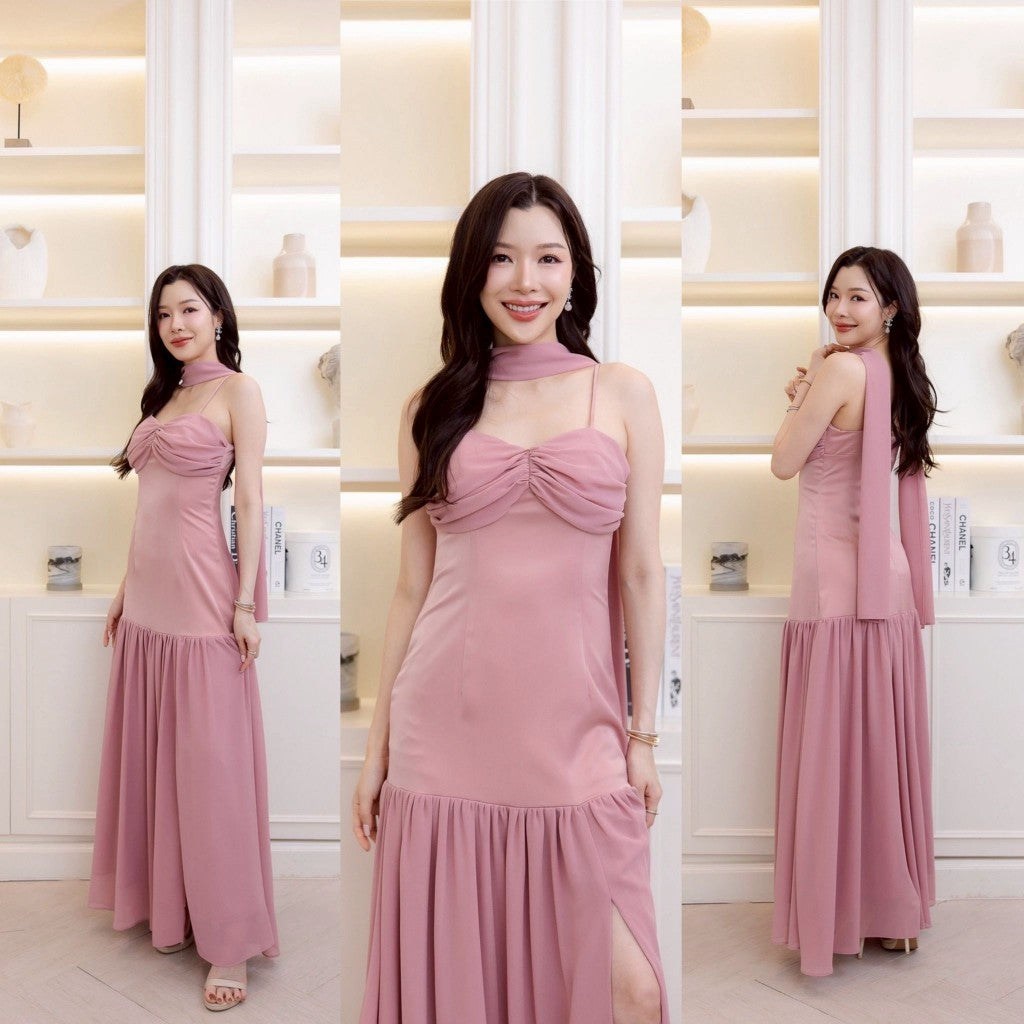 ชุดราตรียาว เดรสออกงาน สายเดี่ยว ชีฟอง 2 ชั้น SAPHIRA ผ้าเครปซาติน หรูหรา เดรสไปงานแต่ง พร้อมส่ง