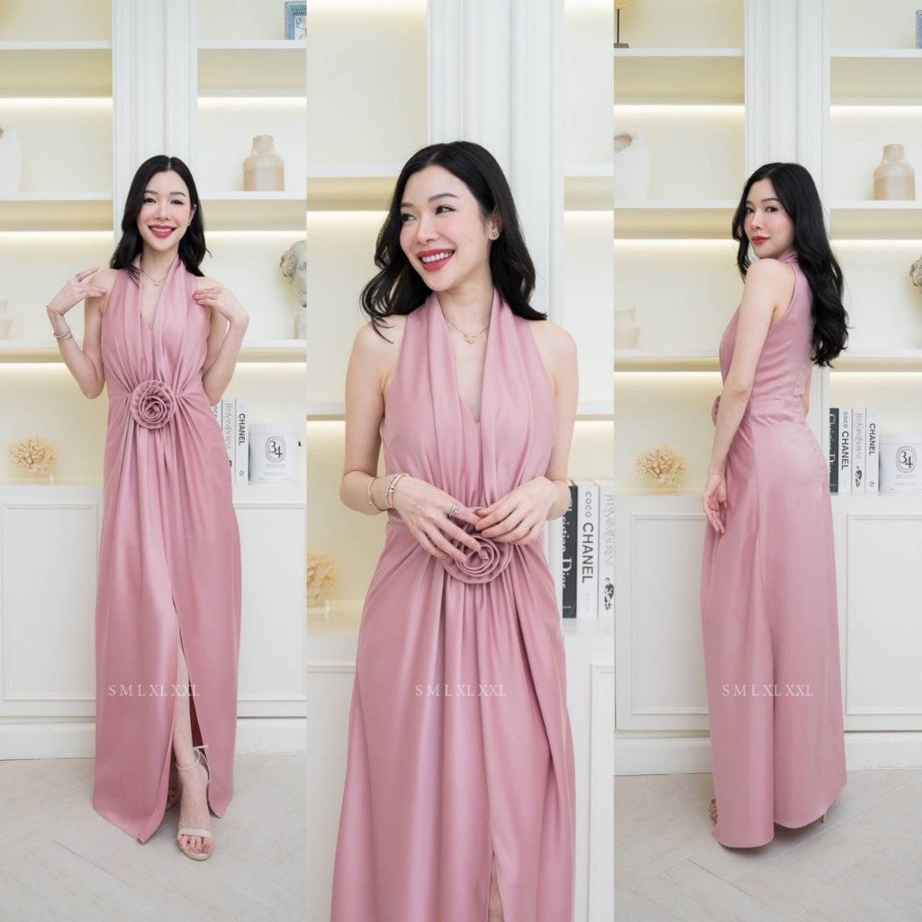 ชุดราตรี เดรสยาว ชุดตรีม ธีมสีชมพู ชุดราตรีสีชมพู กลีบบัว เรียบหรู เดรสงานแต่ง พร้อมส่ง Dress Woman
