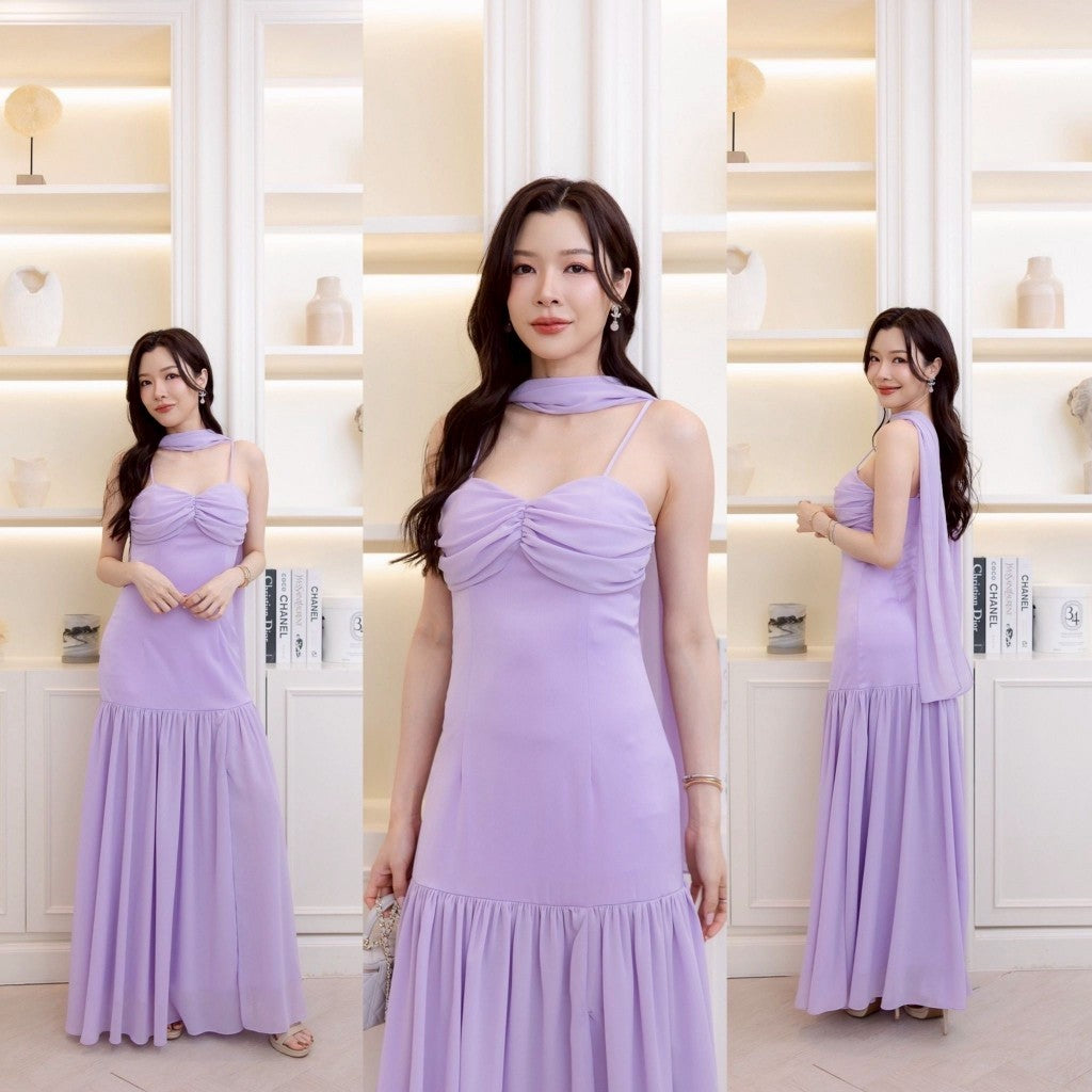 ชุดราตรียาว เดรสออกงาน สายเดี่ยว ชีฟอง 2 ชั้น SAPHIRA ผ้าเครปซาติน หรูหรา เดรสไปงานแต่ง พร้อมส่ง