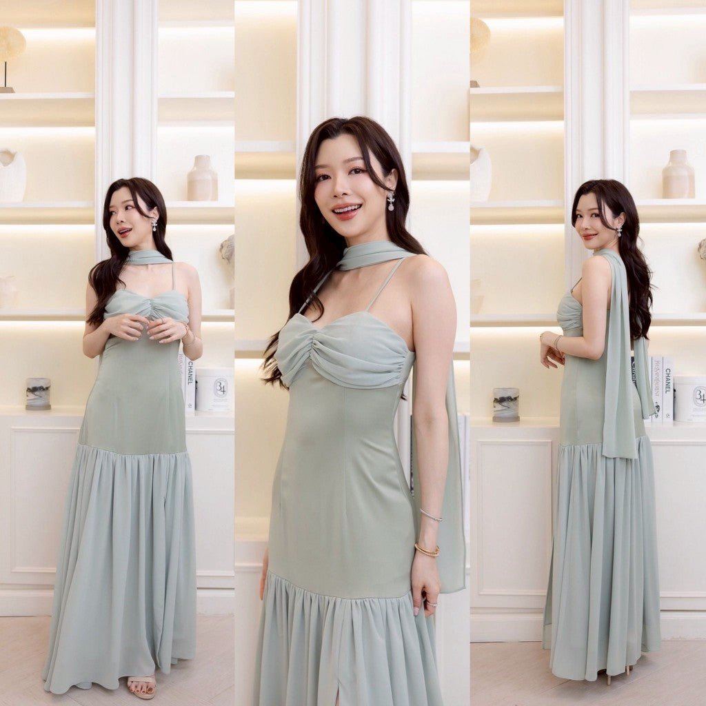 ชุดราตรียาว เดรสออกงาน สายเดี่ยว ชีฟอง 2 ชั้น SAPHIRA ผ้าเครปซาติน หรูหรา เดรสไปงานแต่ง พร้อมส่ง