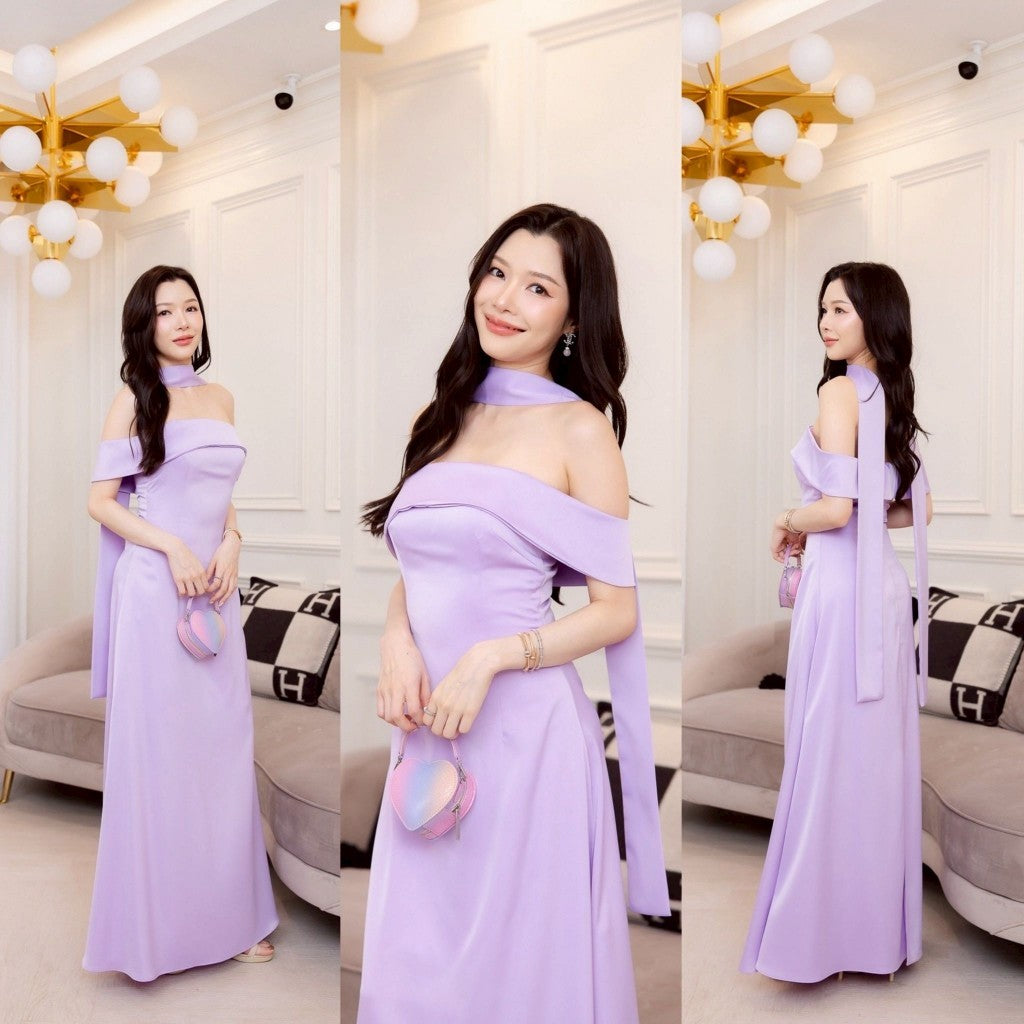 ชุดไปงานแต่ง ชุดออกงาน ชุดราตรี ชุดเดรสเปิดไหล่ N308 กระโปรงยาว พร้อมส่ง S M L XL 2XL งานแต่งงาน