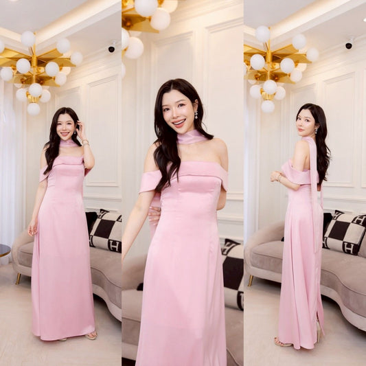 ชุดไปงานแต่ง ชุดออกงาน ชุดราตรี ชุดเดรสเปิดไหล่ N308 กระโปรงยาว พร้อมส่ง S M L XL 2XL งานแต่งงาน