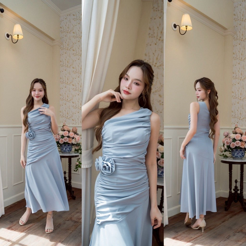 เดรส ชุดราตรี เดรสออกงานหรู NP065 ไหล่เบี่ยงเว้าเอว รูดทั้งตัว พร้อม ดอกไม้ ใส่ออกงานแต่ง พรีเมี่ยม