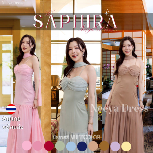 ชุดราตรียาว เดรสออกงาน สายเดี่ยว ชีฟอง 2 ชั้น SAPHIRA ผ้าเครปซาติน หรูหรา เดรสไปงานแต่ง พร้อมส่ง