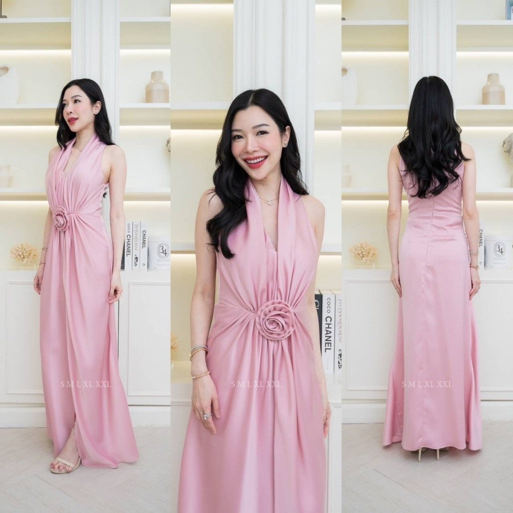 ชุดราตรี เดรสยาว ชุดตรีม ธีมสีชมพู ชุดราตรีสีชมพู เดรสชมพู เรียบหรู เดรสงานแต่ง พร้อมส่ง Dress Woman