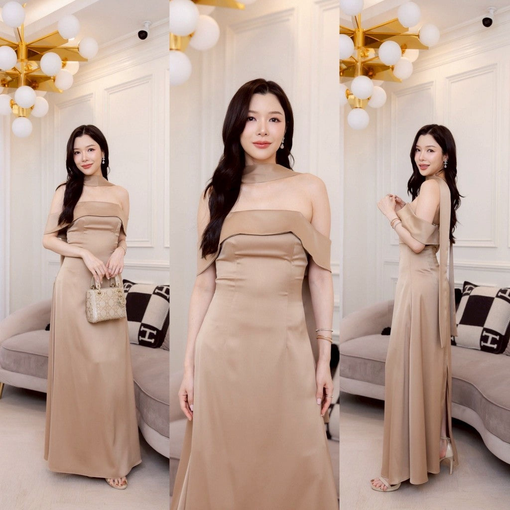 ชุดไปงานแต่ง ชุดออกงาน ชุดราตรี ชุดเดรสเปิดไหล่ N308 กระโปรงยาว พร้อมส่ง S M L XL 2XL งานแต่งงาน