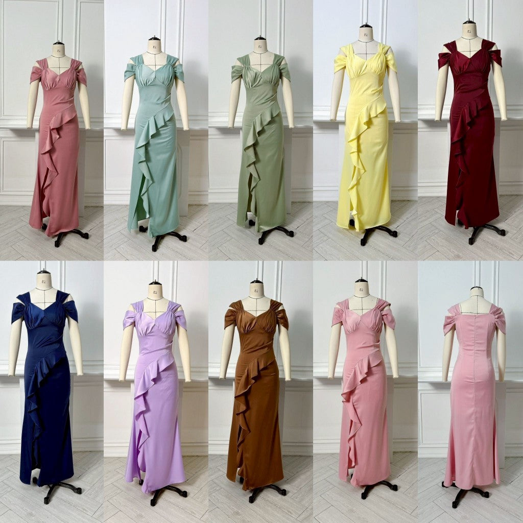 เดรสยาว ชุดออกงาน เดรสออกงาน เครปซาติน Lana เดรสสวยๆ สาย คล้องไหล่ จีบพราง ชุดราตรีเรียบหรู พร้อมส่ง