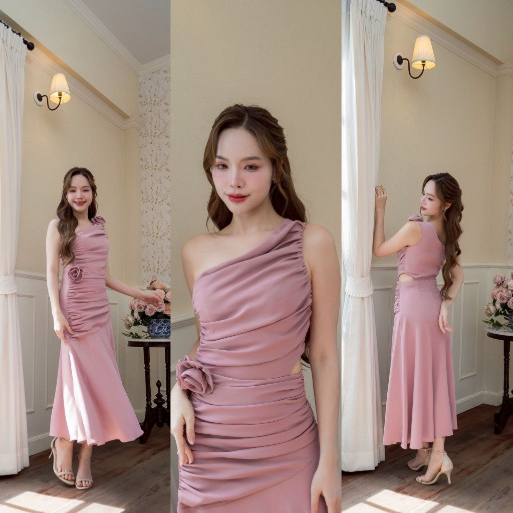 เดรส ชุดราตรี เดรสออกงานหรู NP065 ไหล่เบี่ยงเว้าเอว รูดทั้งตัว พร้อม ดอกไม้ ใส่ออกงานแต่ง พรีเมี่ยม