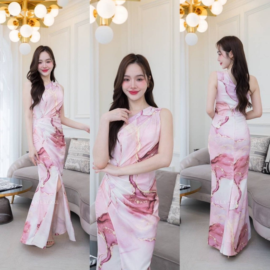 ชุดออกงาน ชุดราตรี ชุดตรีม ธีมสีชมพู พิมพ์ลาย เดรส ชุดราตรีสีชมพู เดรสงานแต่ง พร้อมส่ง Dress Woman