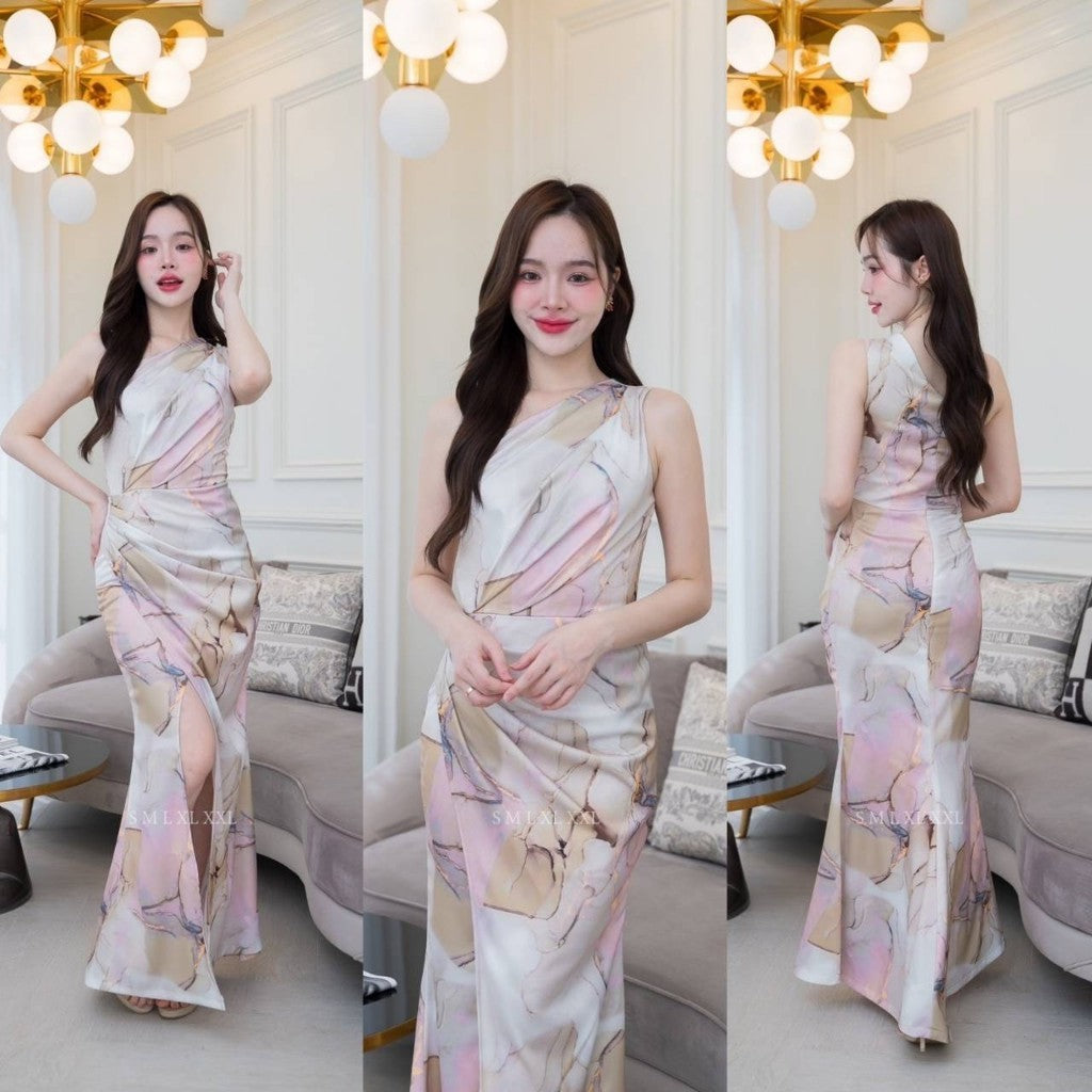 ชุดออกงาน ชุดราตรี ชุดตรีม ธีมสีโอวัลติน พิมพ์ลาย เดรส สีเอิร์ธโทน ชุดไปงานแต่ง พร้อมส่ง Dress Woman