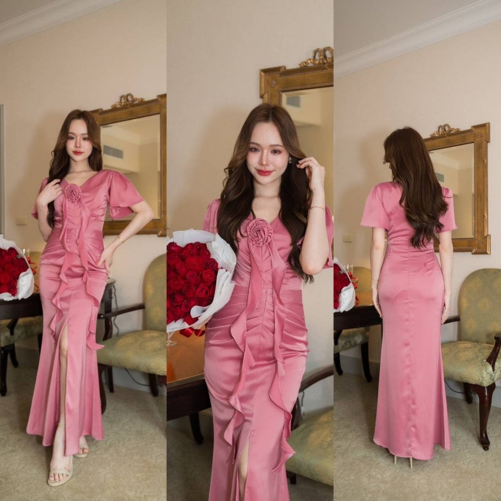 เดรสยาว ชุดเดรส ชุดราตรี Elegant พรีเมี่ยม คอวีแขนสั้น จีบกระโปรง มีดอกไม้ สายเกลียวห้อย Woman Dress