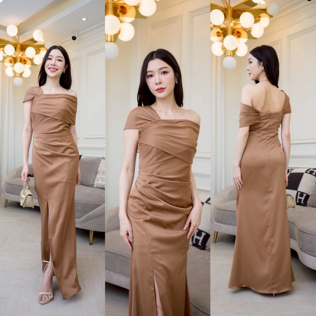 ชุดเดรสออกงาน ชุดราตรี เดรส ชุดออกงาน เดรสยาว Freya เกาะอกระบาย ปาดไหล่ เรียบหรู ชุดราตรี Woman