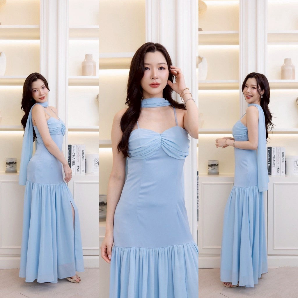 ชุดราตรียาว เดรสออกงาน สายเดี่ยว ชีฟอง 2 ชั้น SAPHIRA ผ้าเครปซาติน หรูหรา เดรสไปงานแต่ง พร้อมส่ง