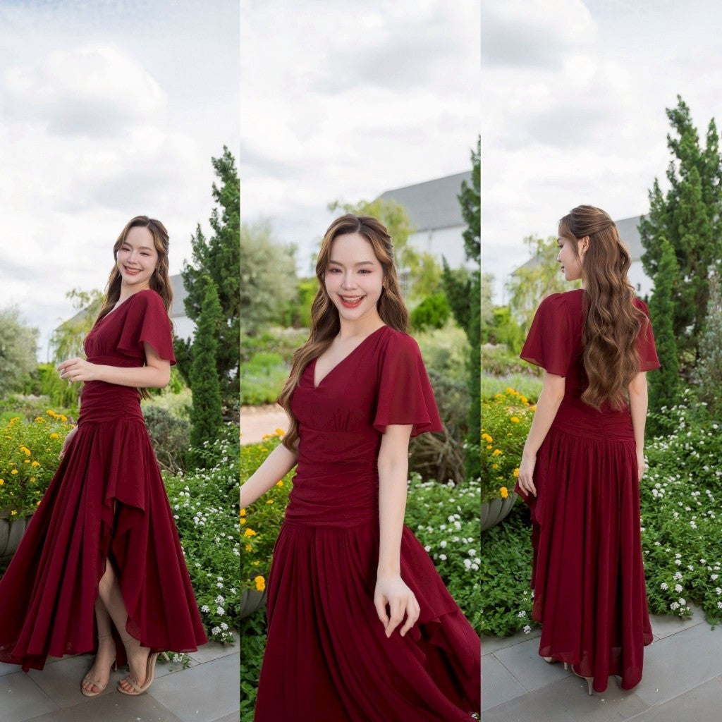 เดรสยาว ชุดราตรี Dress ชุดชีฟองหรู แขนสั้น MIRA กระโปรงรูด สะโพกฟรี พร้อมส่ง ใส่ออกงานแต่ง