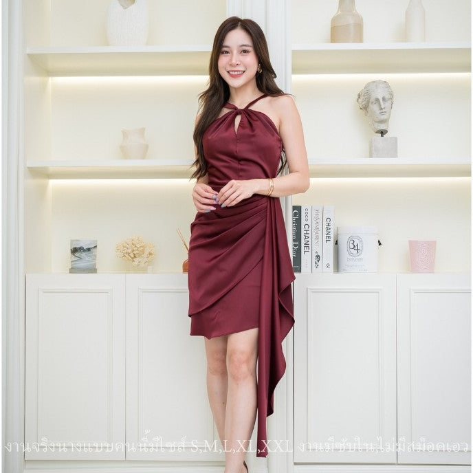 เดรสสั้น ชุดราตรี ชุดตรีม ธีมแดงเลือดหมู ชุดราตรีสีแดง เรียบหรู เดรสงานแต่ง ชุดไปงานแต่ง Dress Woman