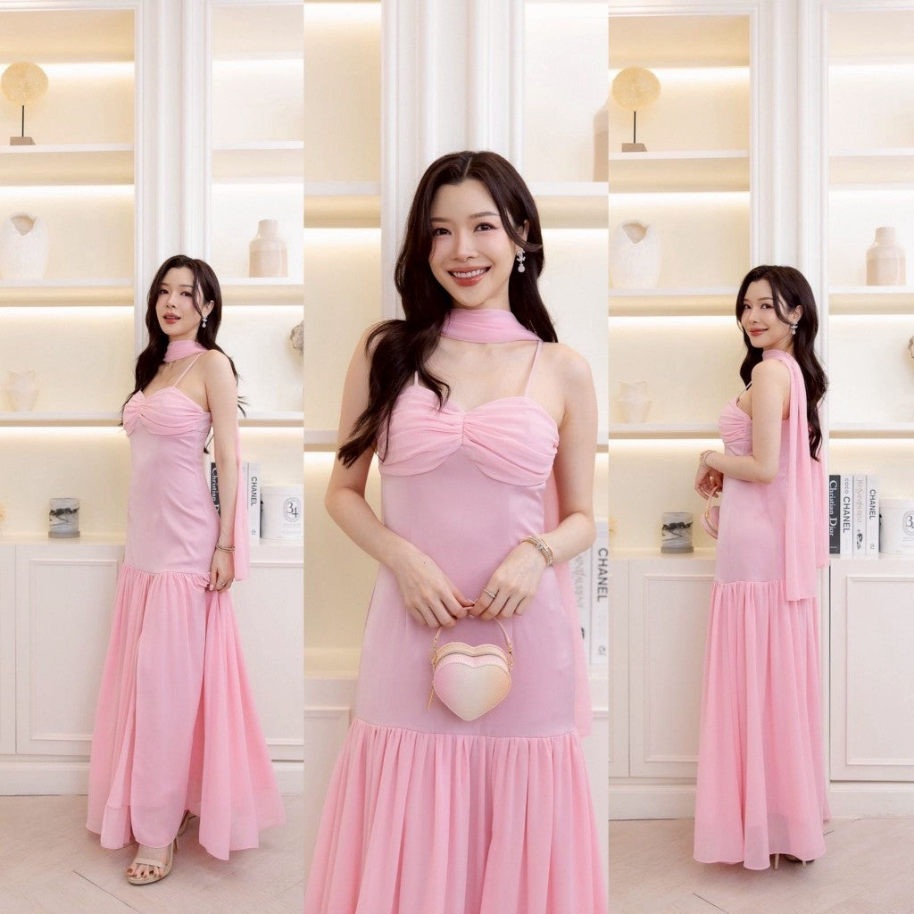 ชุดราตรี เดรสยาว ชุดตรีม ธีมสีชมพู ชุดราตรีสีชมพู เดรสชมพู เรียบหรู เดรสงานแต่ง พร้อมส่ง Dress Woman