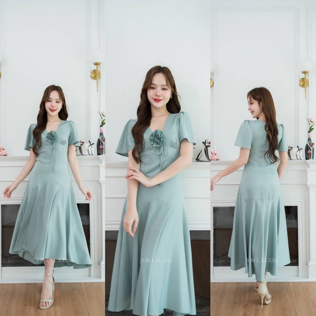 ชุดเดรส ชุดราตรี เดรส VIVA ผ้าเครปซาติน เดรสยาว แขนสั้น กระโปรงยาว ดอกไม้ Woman Dress ชุด ผู้หญิง