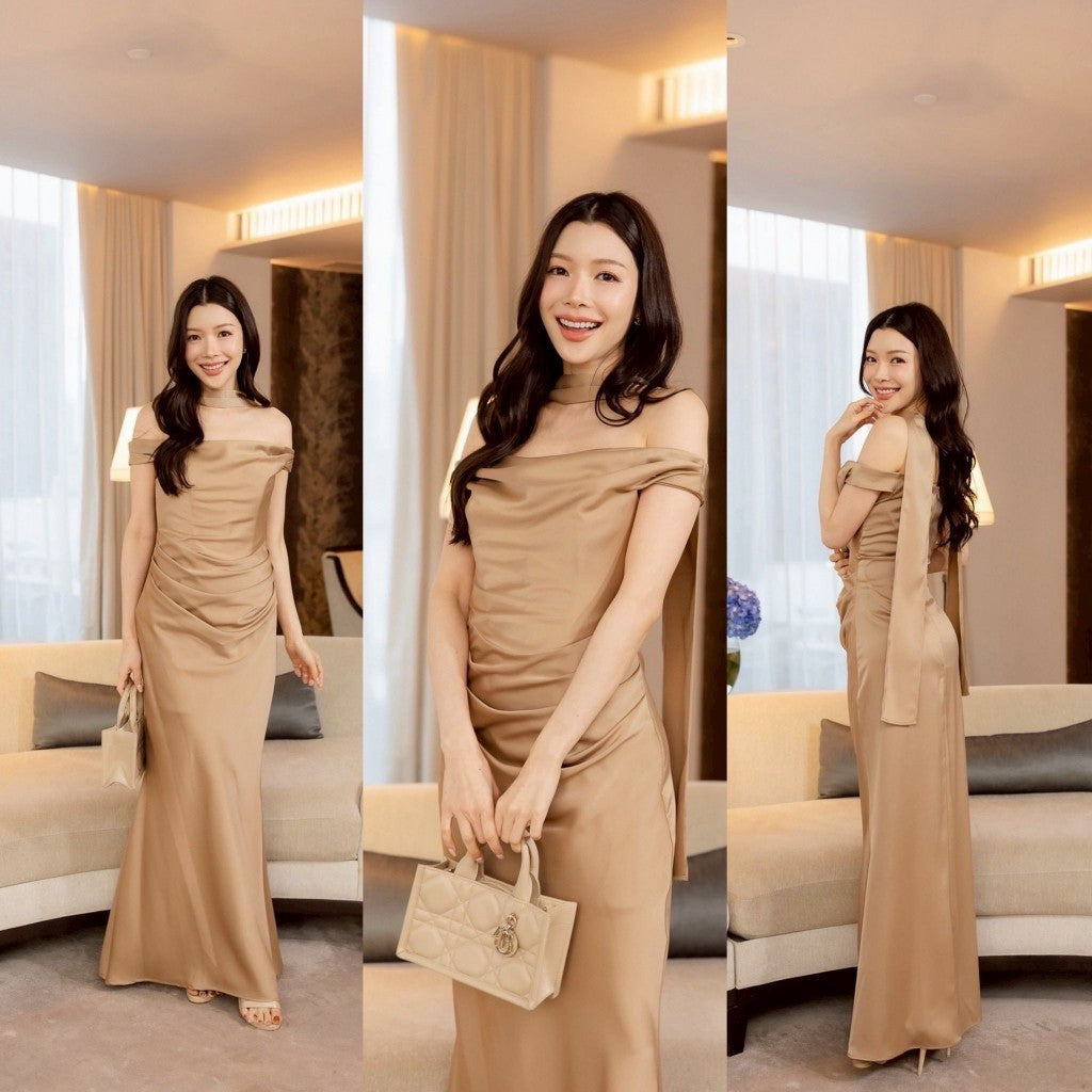 เดรสยาว ชุดราตรี ชุดออกงาน ชุดไปงานแต่ง พรีเมี่ยม NP070 เครปซาติน แถมผ้าพันคอ งานหรู พร้อมส่ง
