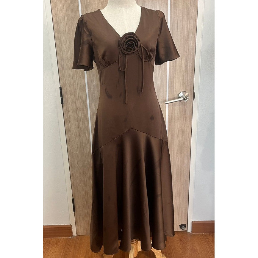 ชุดเดรส ชุดราตรี เดรส VIVA ผ้าเครปซาติน เดรสยาว แขนสั้น กระโปรงยาว ดอกไม้ Woman Dress ชุด ผู้หญิง