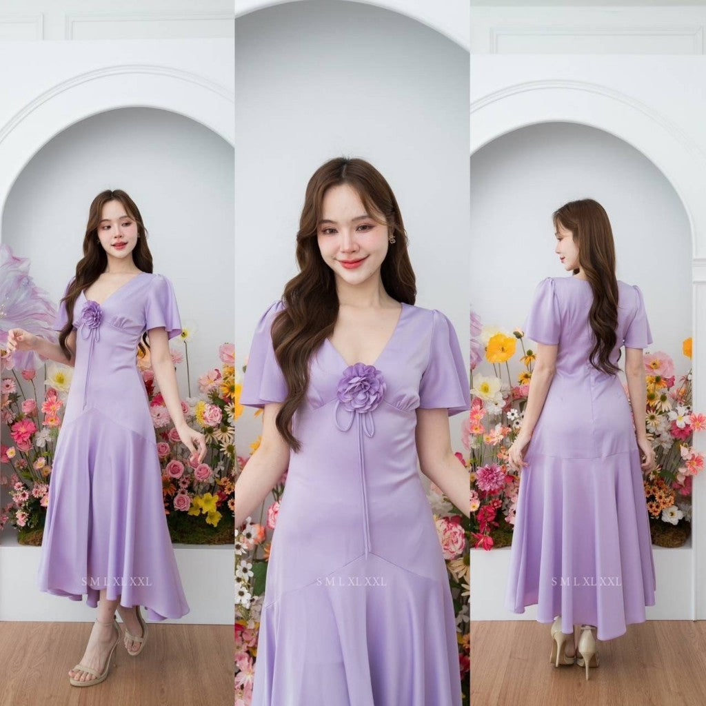ชุดเดรส ชุดราตรี เดรส VIVA ผ้าเครปซาติน เดรสยาว แขนสั้น กระโปรงยาว ดอกไม้ Woman Dress ชุด ผู้หญิง