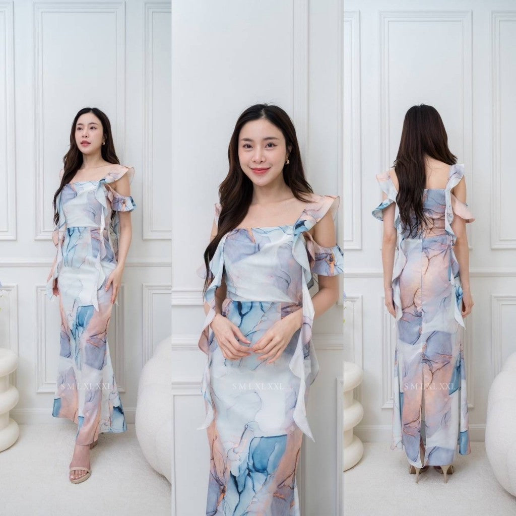 ชุดออกงาน ชุดราตรี ชุดตรีม ธีมสีฟ้า พิมพ์ลาย เดรส ชุดราตรีสีฟ้า เดรสงานแต่ง พร้อมส่ง Dress Woman