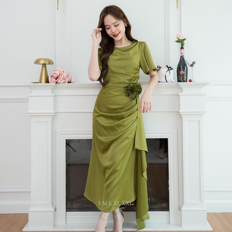 เดรสยาว ชุดออกงาน ชุดราตรี NP039 ผ้าเครปซาติน คอกลม สไบข้างกระโปรง ซับใน ซิปหลัง ผู้หญิง Dress