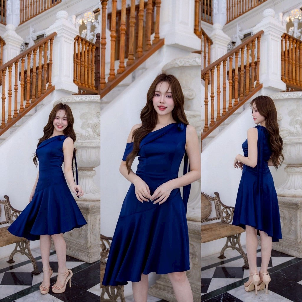 ชุดไปงานแต่ง ชุดออกงาน ชุดราตรี ชุดเดรสปาดไหล่ N307 กระโปรงเฉียง พร้อมส่ง S M L XL 2XL งานแต่งงาน