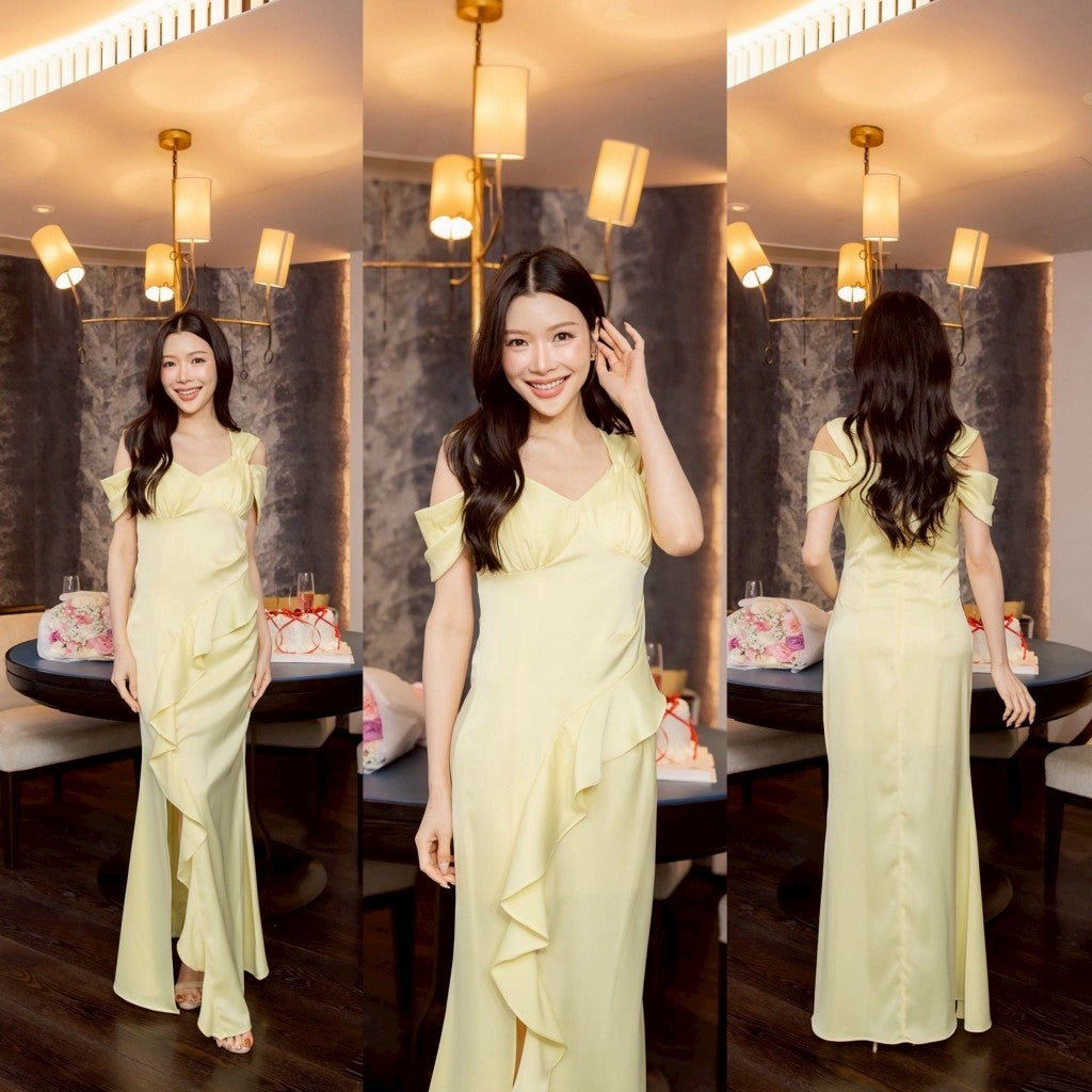 เดรสยาว ชุดออกงาน เดรสออกงาน เครปซาติน Lana เดรสสวยๆ สาย คล้องไหล่ จีบพราง ชุดราตรีเรียบหรู พร้อมส่ง