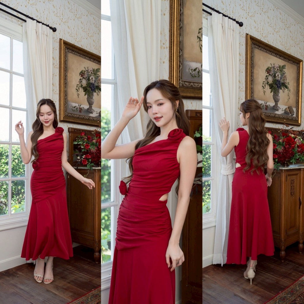 ชุดราตรี เดรส ชุดออกงาน ANYA ไหล่เบี่ยงเว้าเอว รูดทั้งตัว พร้อม ดอกไม้ ใส่ออกงานแต่ง พรีเมี่ยม