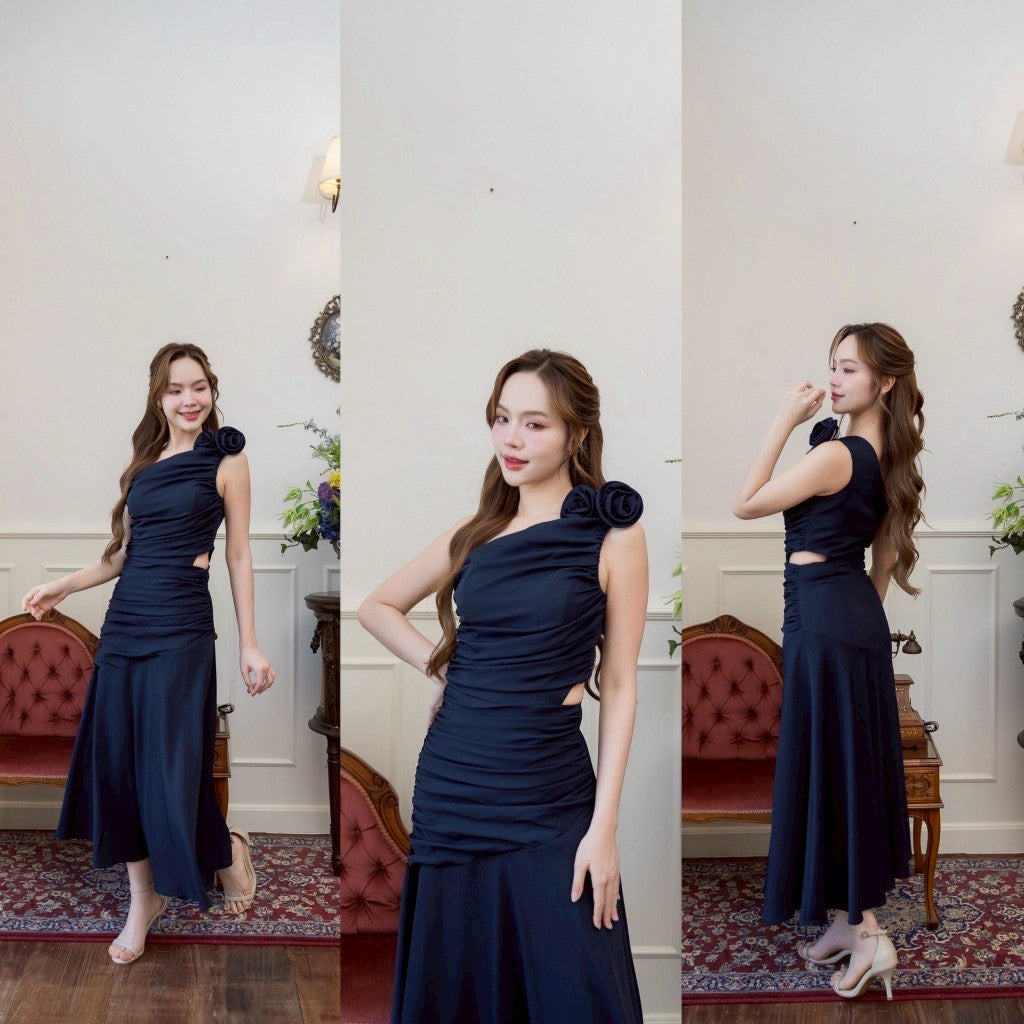 เดรส ชุดราตรี เดรสออกงานหรู NP065 ไหล่เบี่ยงเว้าเอว รูดทั้งตัว พร้อม ดอกไม้ ใส่ออกงานแต่ง พรีเมี่ยม