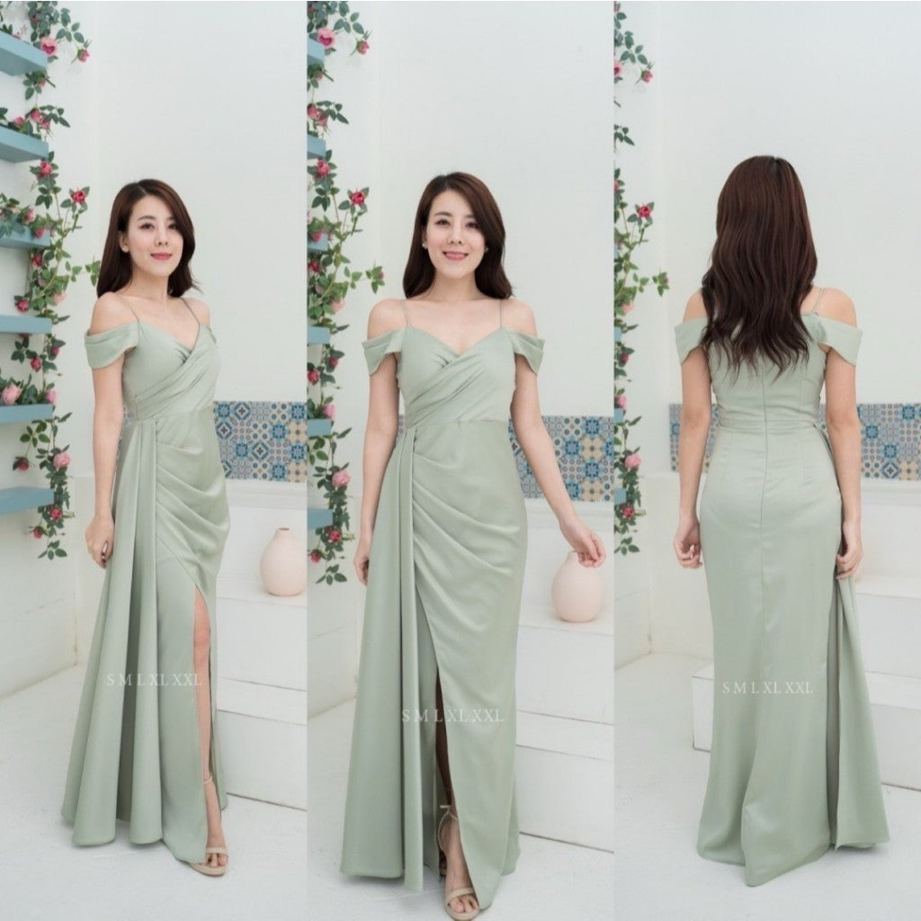 ชุดเดรสออกงาน ชุดราตรี เดรส Dress ชุดออกงาน ชุดเพื่อนเจ้าสาว เดรสยาว สายเดี่ยว อ้อมแขน ผ้าห้อย Woman
