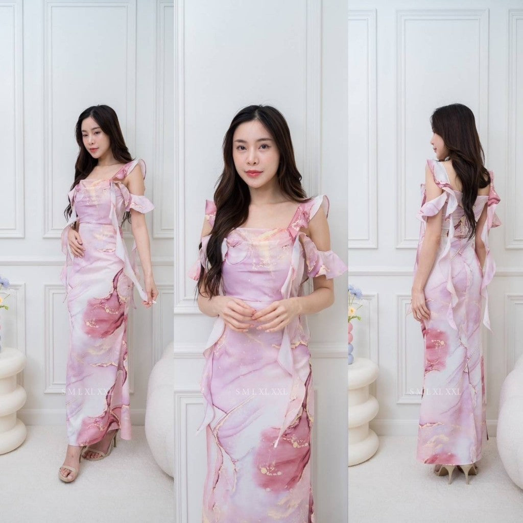 ชุดออกงาน ชุดราตรี ชุดตรีม ธีมสีชมพู พิมพ์ลาย เดรส ชุดราตรีสีชมพู เดรสงานแต่ง พร้อมส่ง Dress Woman