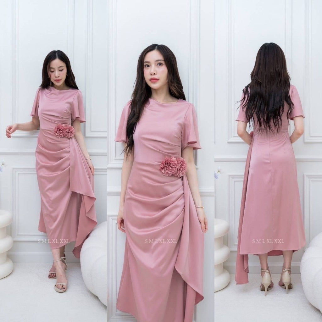 เดรสยาว ชุดออกงาน ชุดตรีม ธีมสีชมพู ชุดราตรีสีชมพู กลีบบัว เรียบหรู เดรสงานแต่ง พร้อมส่ง Dress Woman