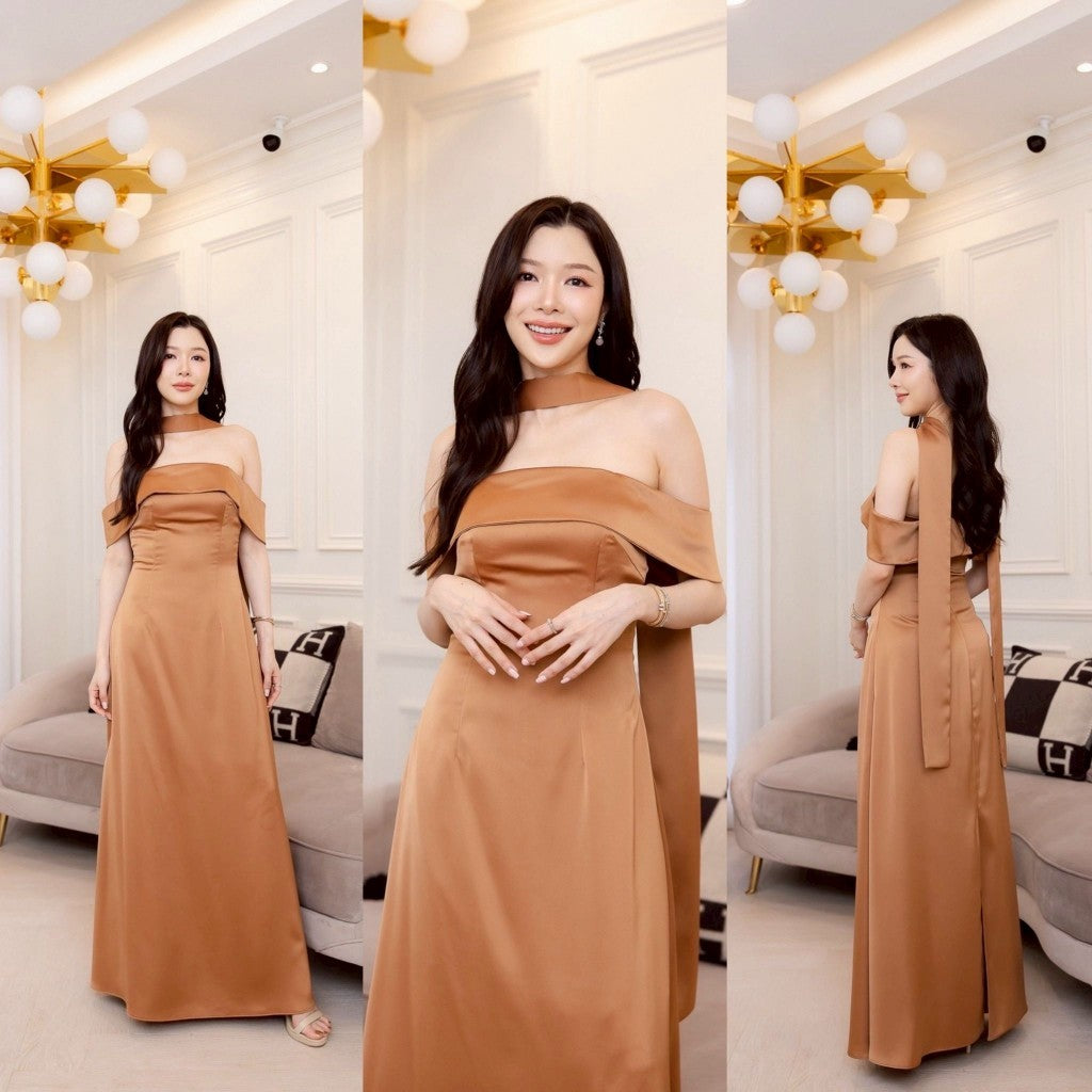 ชุดไปงานแต่ง ชุดออกงาน ชุดราตรี ชุดเดรสเปิดไหล่ N308 กระโปรงยาว พร้อมส่ง S M L XL 2XL งานแต่งงาน