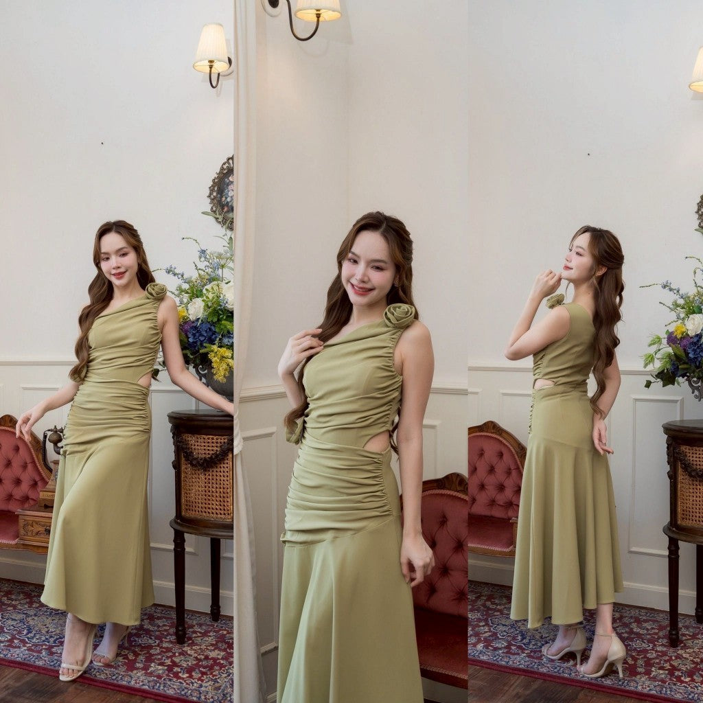 ชุดราตรี เดรส ชุดออกงาน ANYA ไหล่เบี่ยงเว้าเอว รูดทั้งตัว พร้อม ดอกไม้ ใส่ออกงานแต่ง พรีเมี่ยม