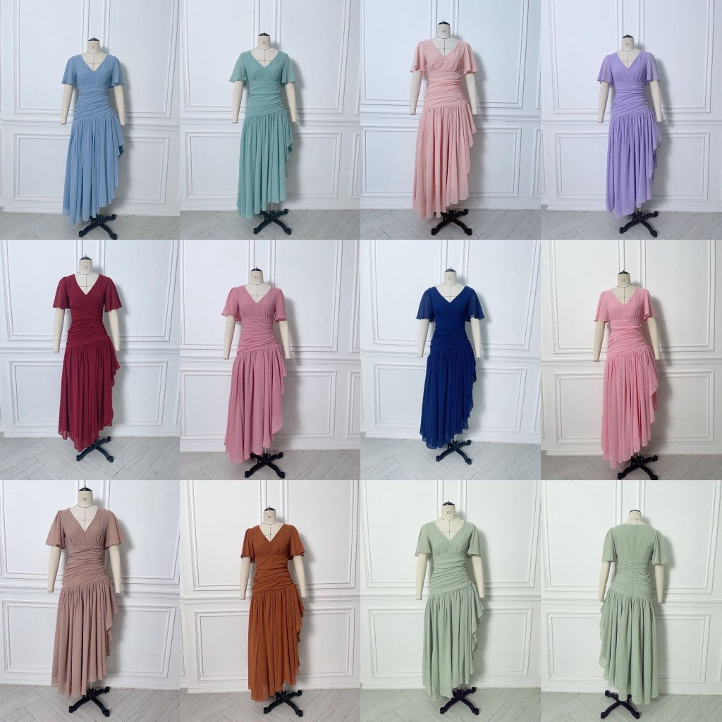เดรสยาว ชุดราตรี Dress ชุดชีฟองหรู แขนสั้น MIRA กระโปรงรูด สะโพกฟรี พร้อมส่ง ใส่ออกงานแต่ง