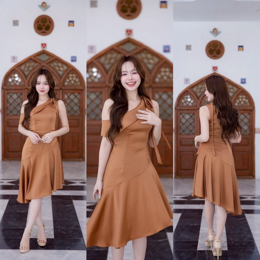 ชุดไปงานแต่ง ชุดออกงาน ชุดราตรี ชุดเดรสปาดไหล่ N307 กระโปรงเฉียง พร้อมส่ง S M L XL 2XL งานแต่งงาน