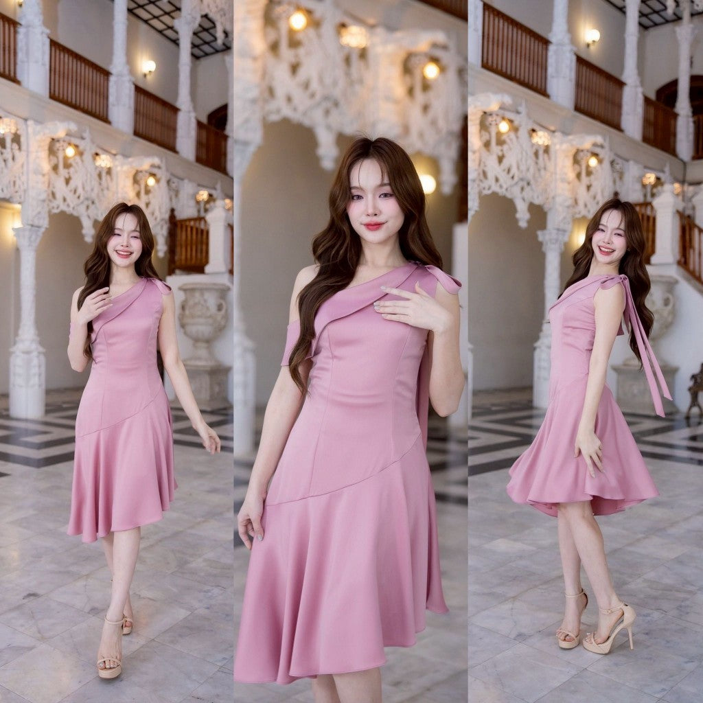เดรสสั้น ชุดออกงาน ชุดตรีม ธีมสีชมพู กลีบบัว กุหลาบ ชุดราตรีสีชมพู ชุดราตรีสั้น พร้อมส่ง Dress Woman