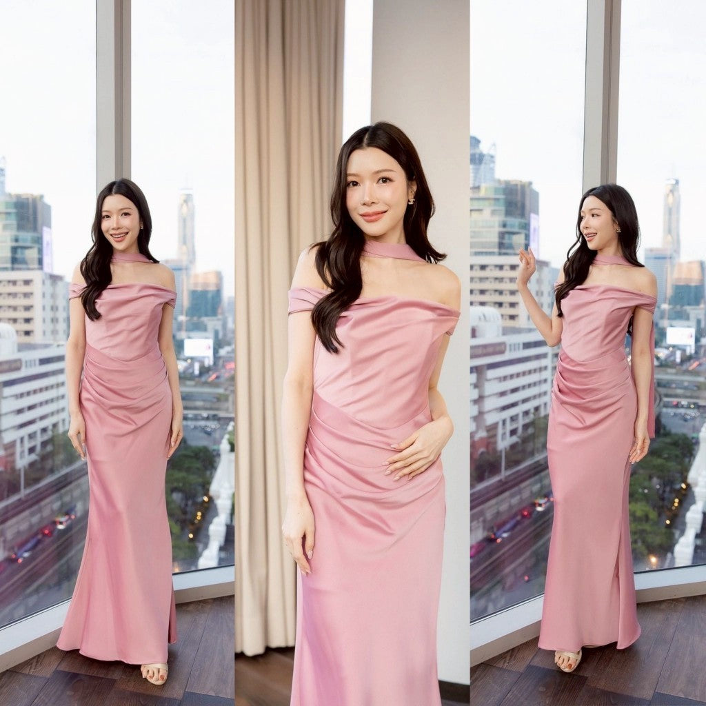 เดรสยาว ชุดราตรี ชุดออกงาน ชุดไปงานแต่ง พรีเมี่ยม NP070 เครปซาติน แถมผ้าพันคอ งานหรู พร้อมส่ง